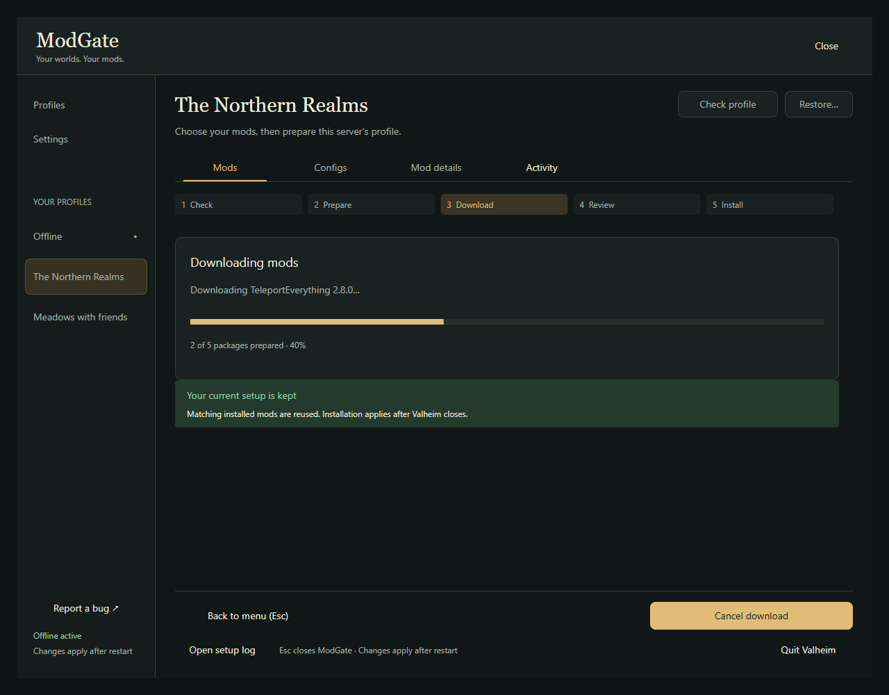 ModGate interface preview showing a server profile being prepared with download progress