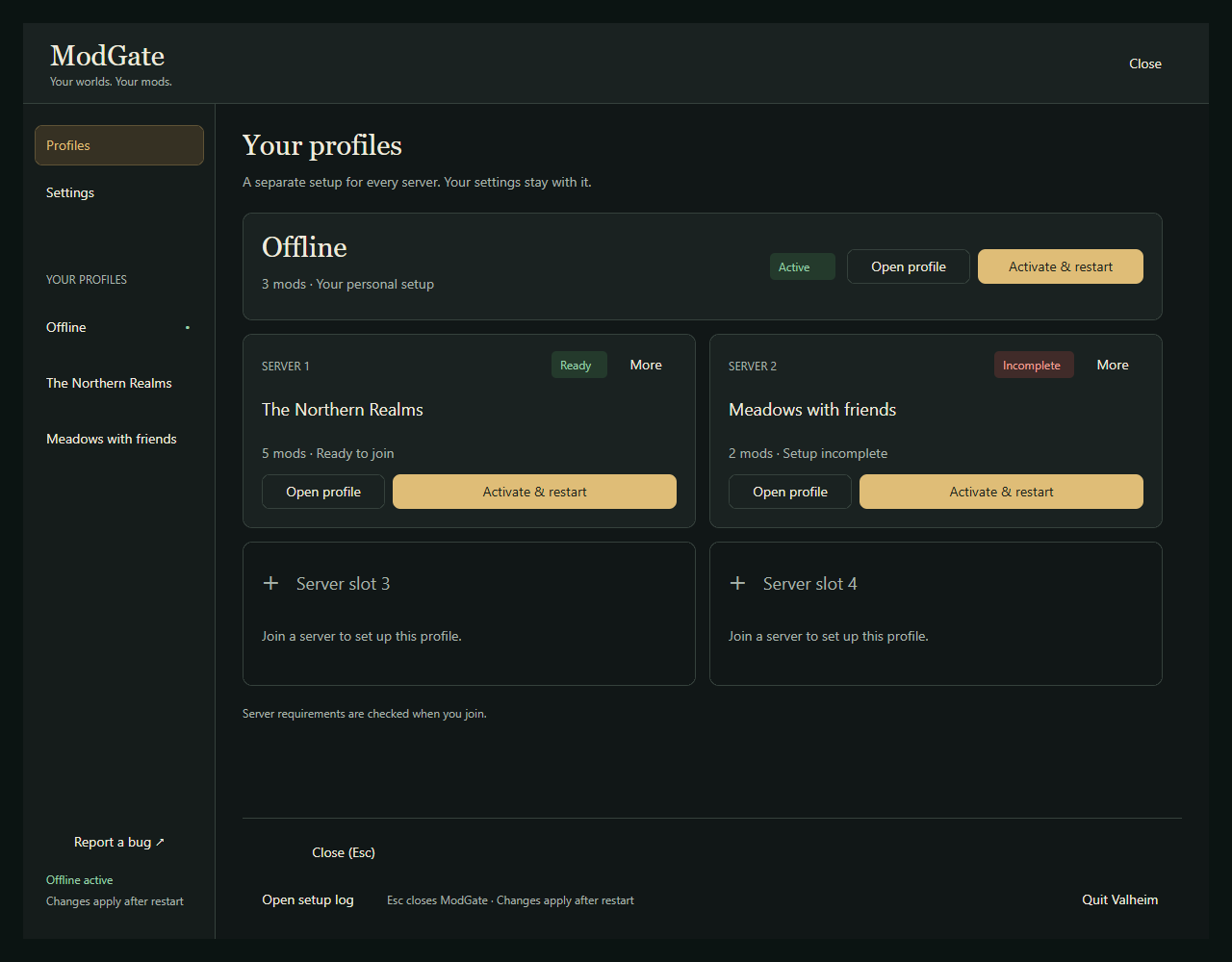 ModGate profiles interface preview showing server profiles and Offline with example data