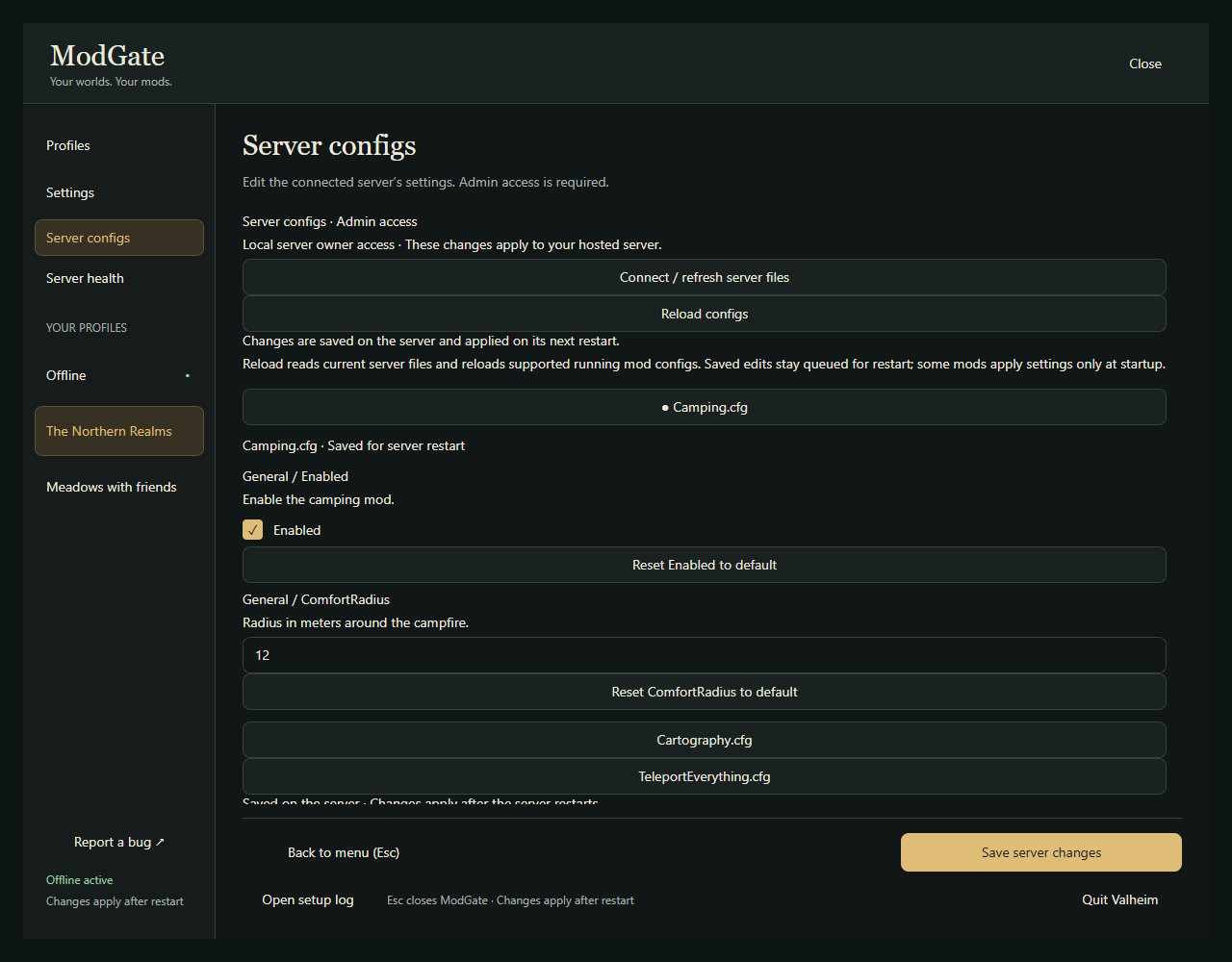 ModGate server configuration interface preview showing editable settings