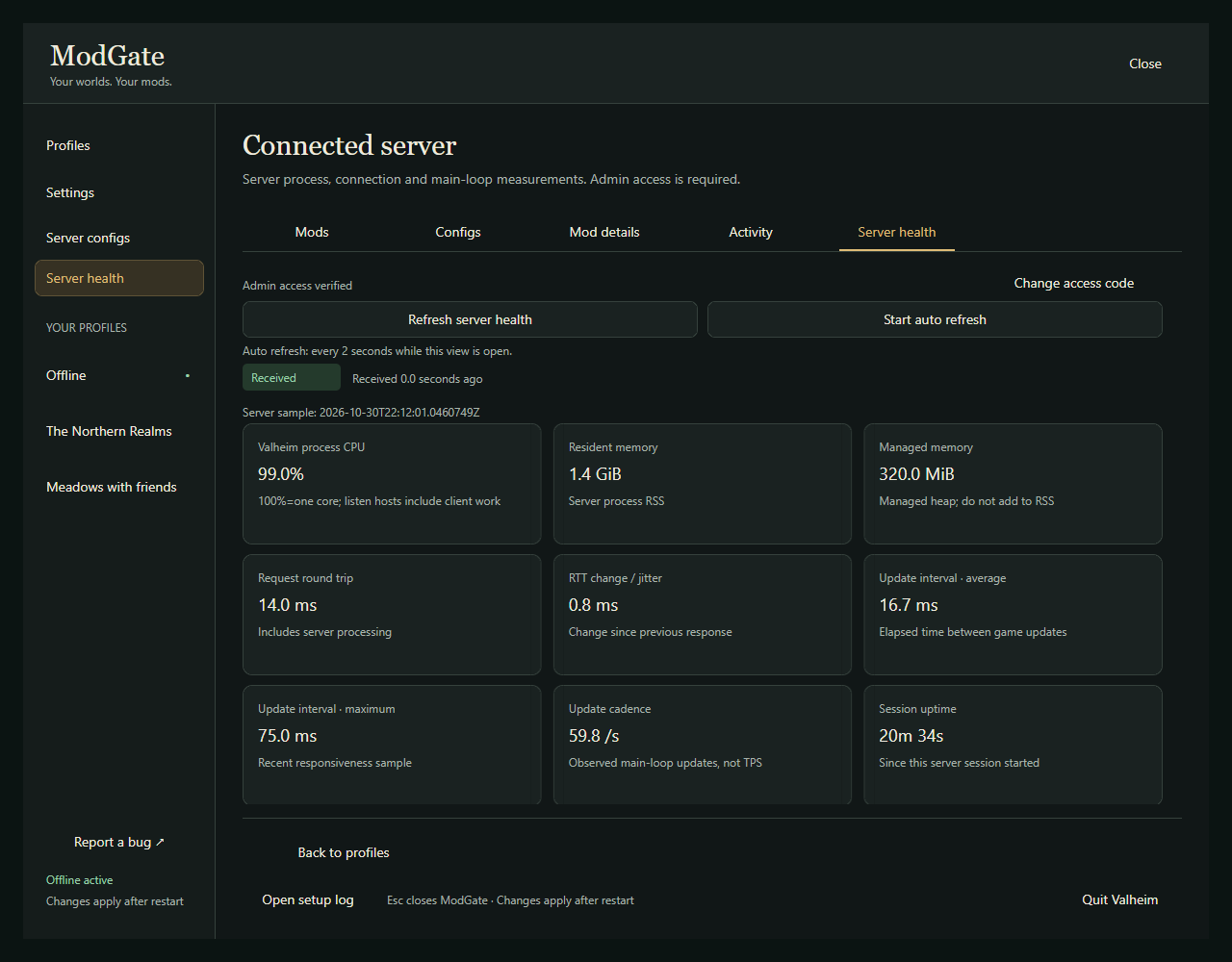 ModGate server health interface preview showing process, connection, and session measurements